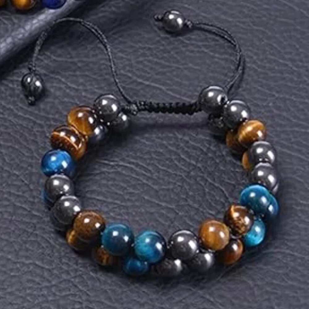 Beaded Bracelet UNISEX 10mm 2 Layer Braided Tiger Eye Vintage Healing